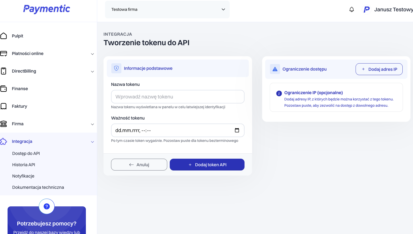 Paymentic — Formularz tworzenia tokenu API