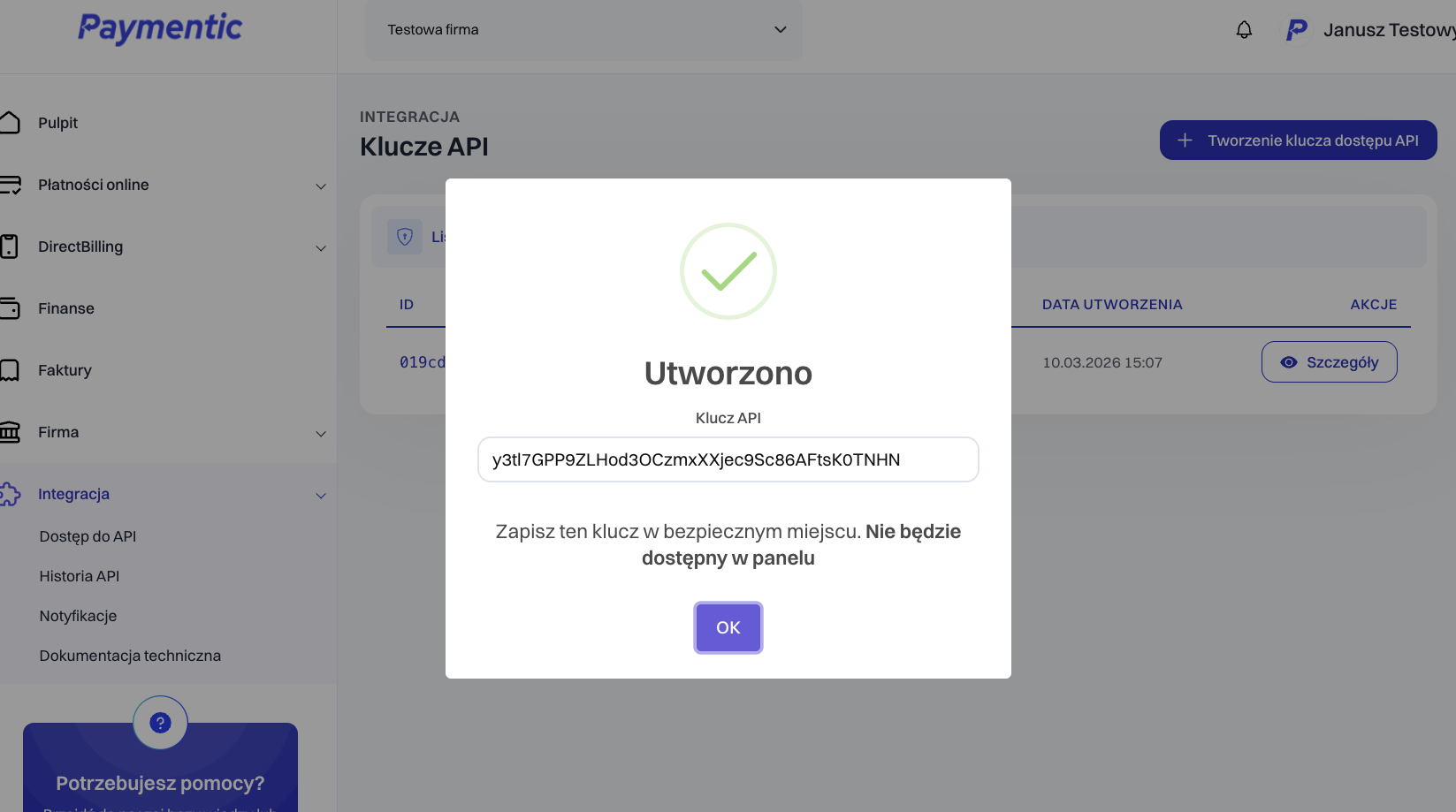 Paymentic — Wygenerowany klucz API
