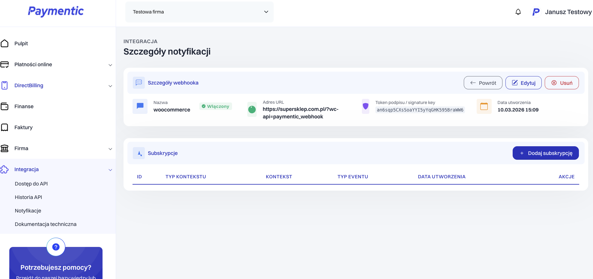 Paymentic — Szczegóły notyfikacji z tokenem podpisu