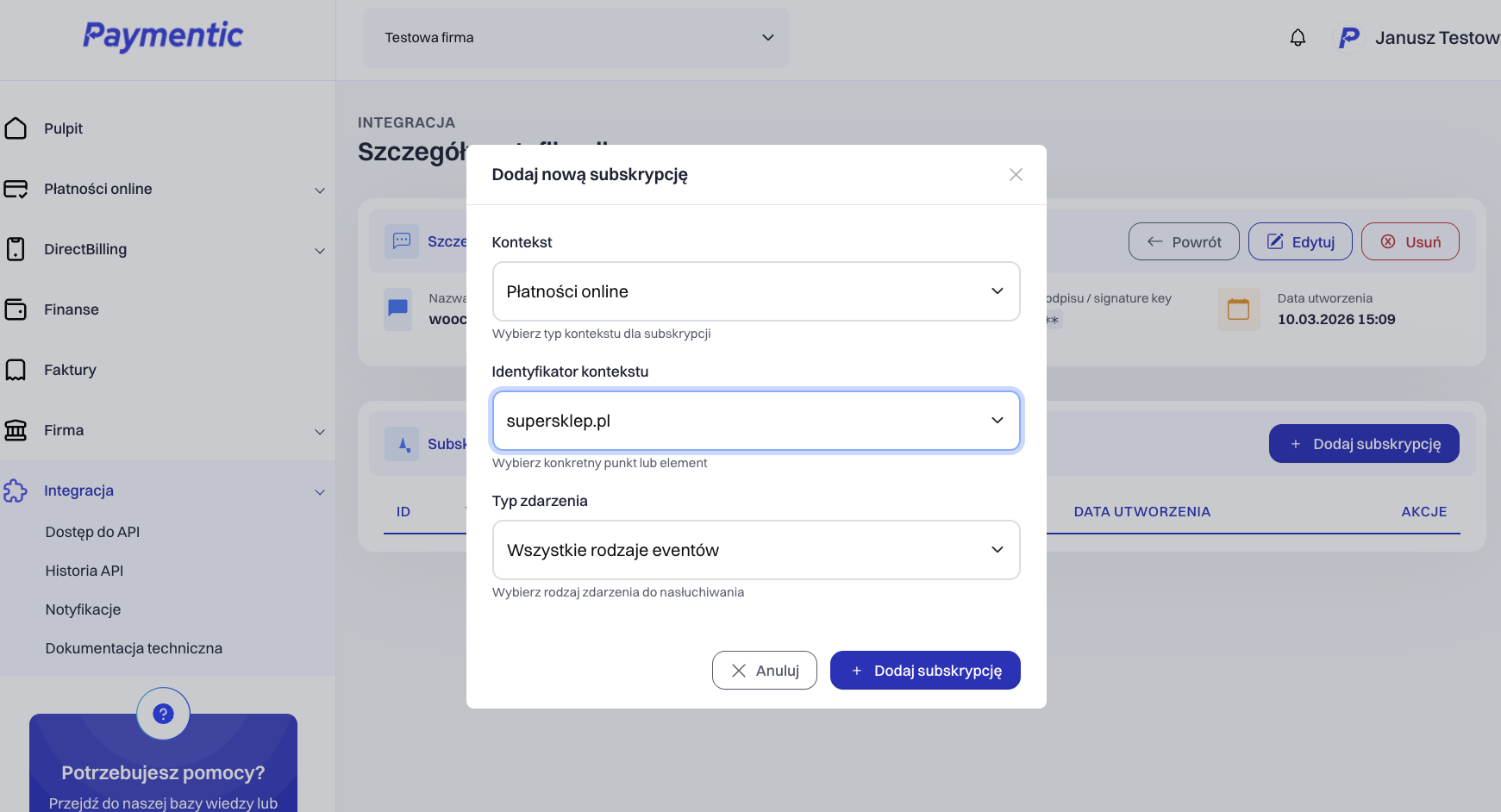 Paymentic — Konfiguracja subskrypcji webhooka